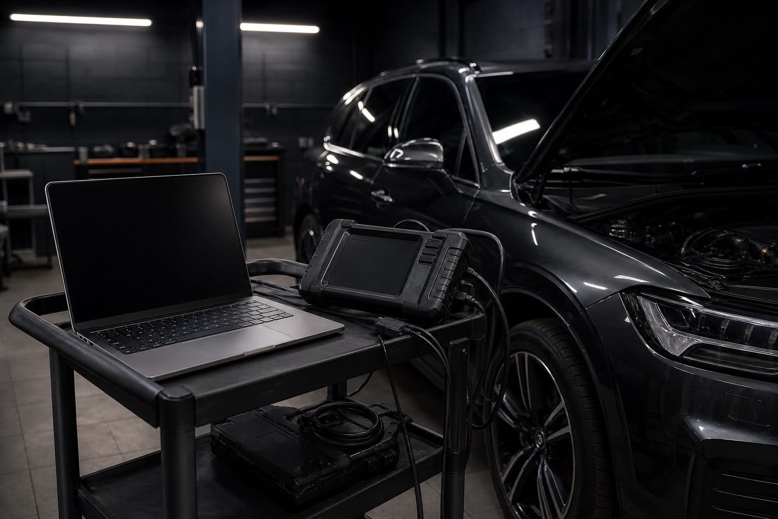 Diagnostic device and laptop next to a vehicle in the Auto Factory workshop