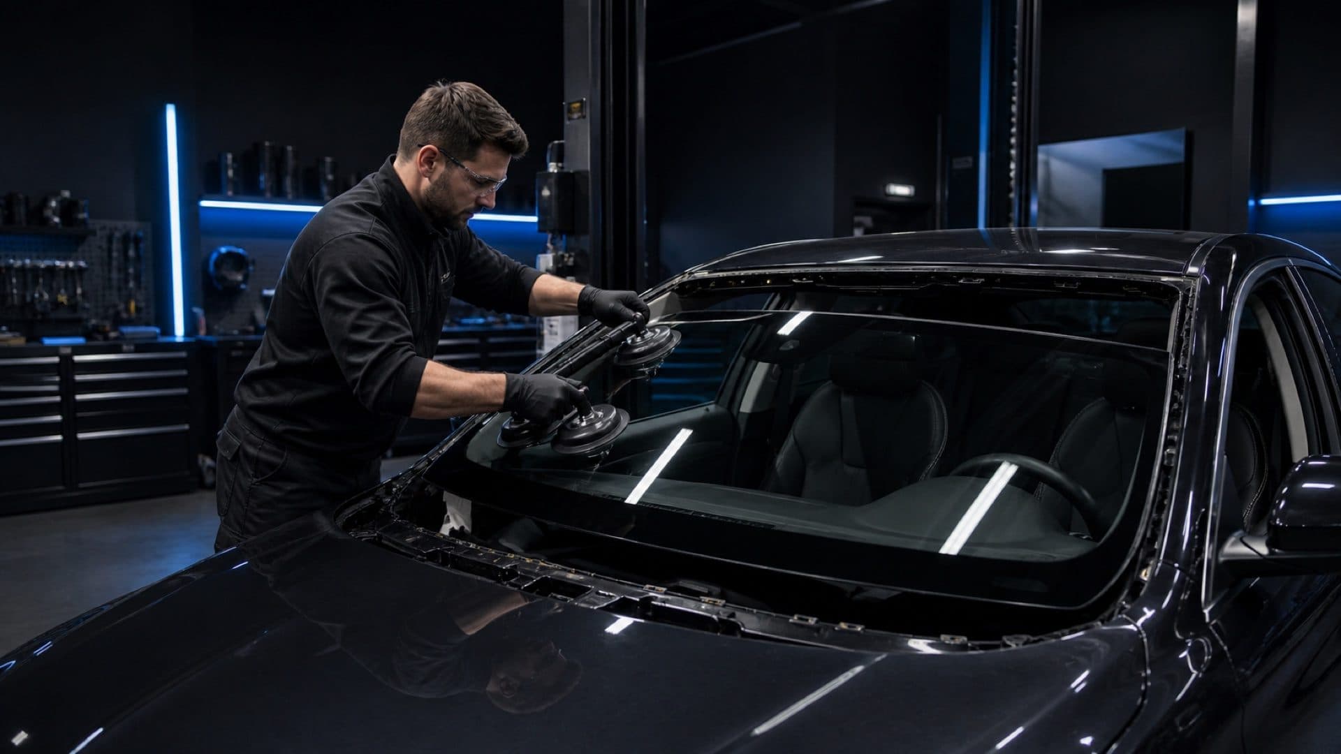 Technician replacing a windshield in the Auto Factory workshop