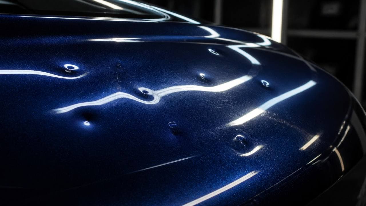 Blue vehicle with hail damage before repair