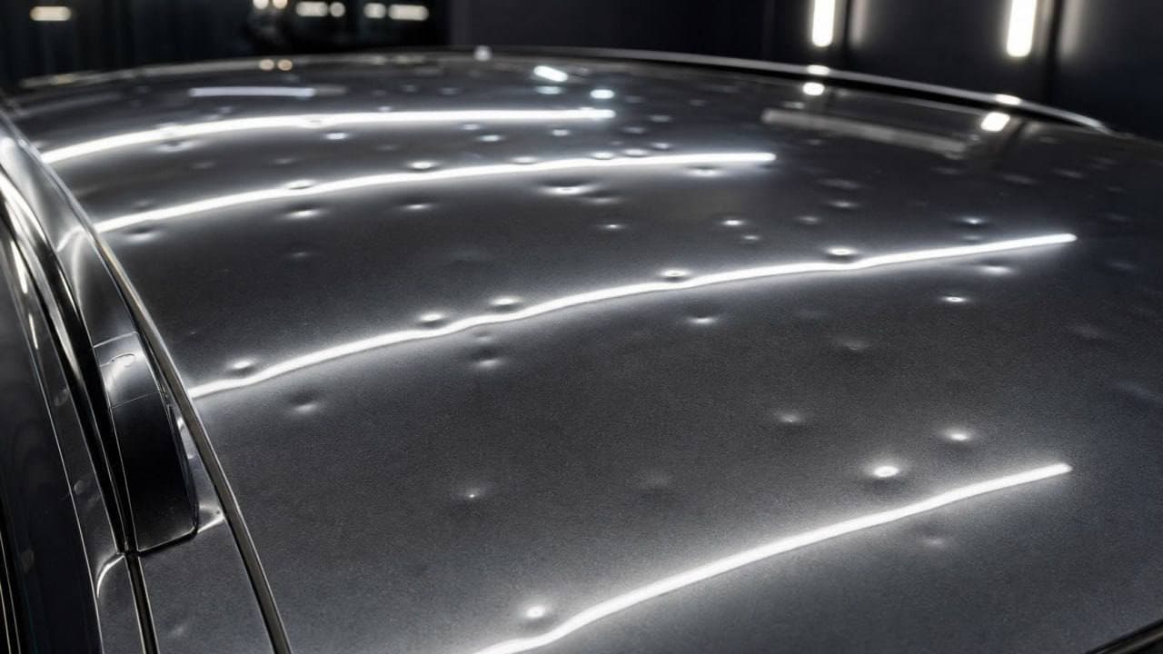 Grey vehicle roof with hail damage before repair
